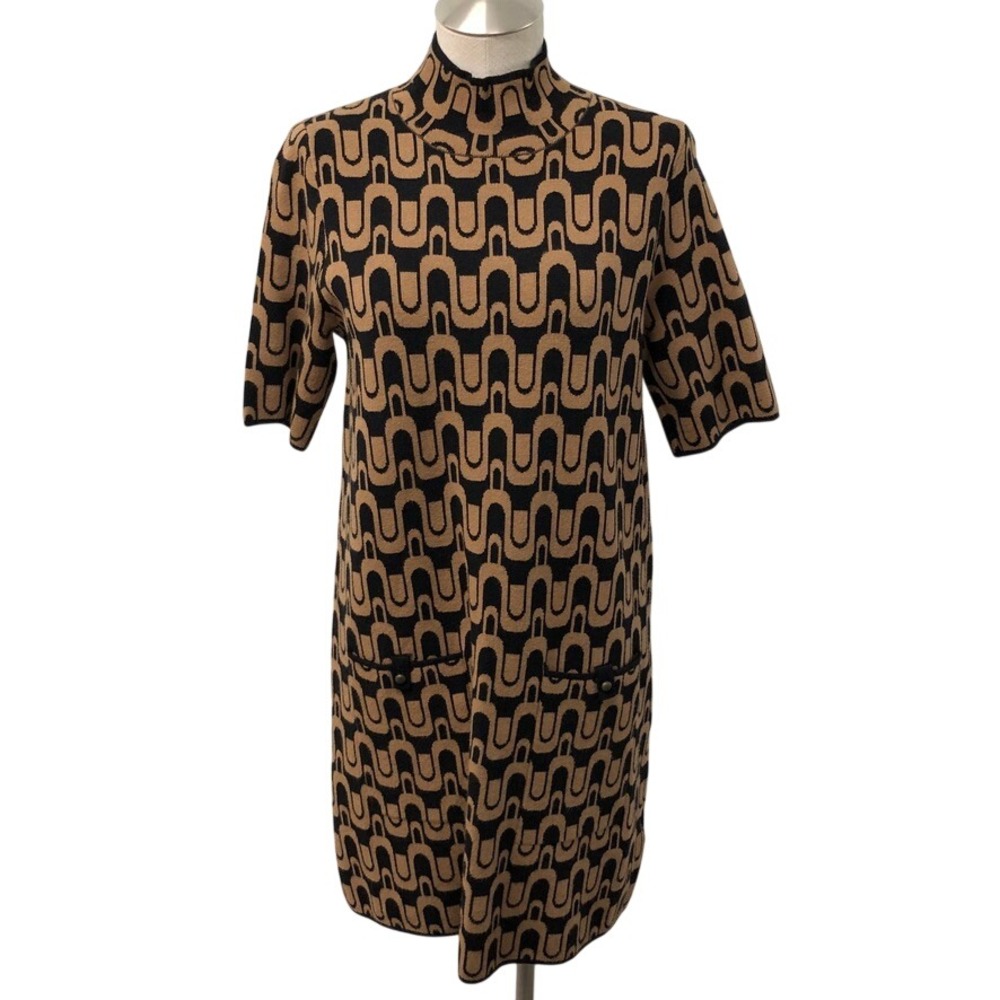 Maeve Sweater Dress Womens Medium Tan Black Geometric Mock Neck Teacher Office